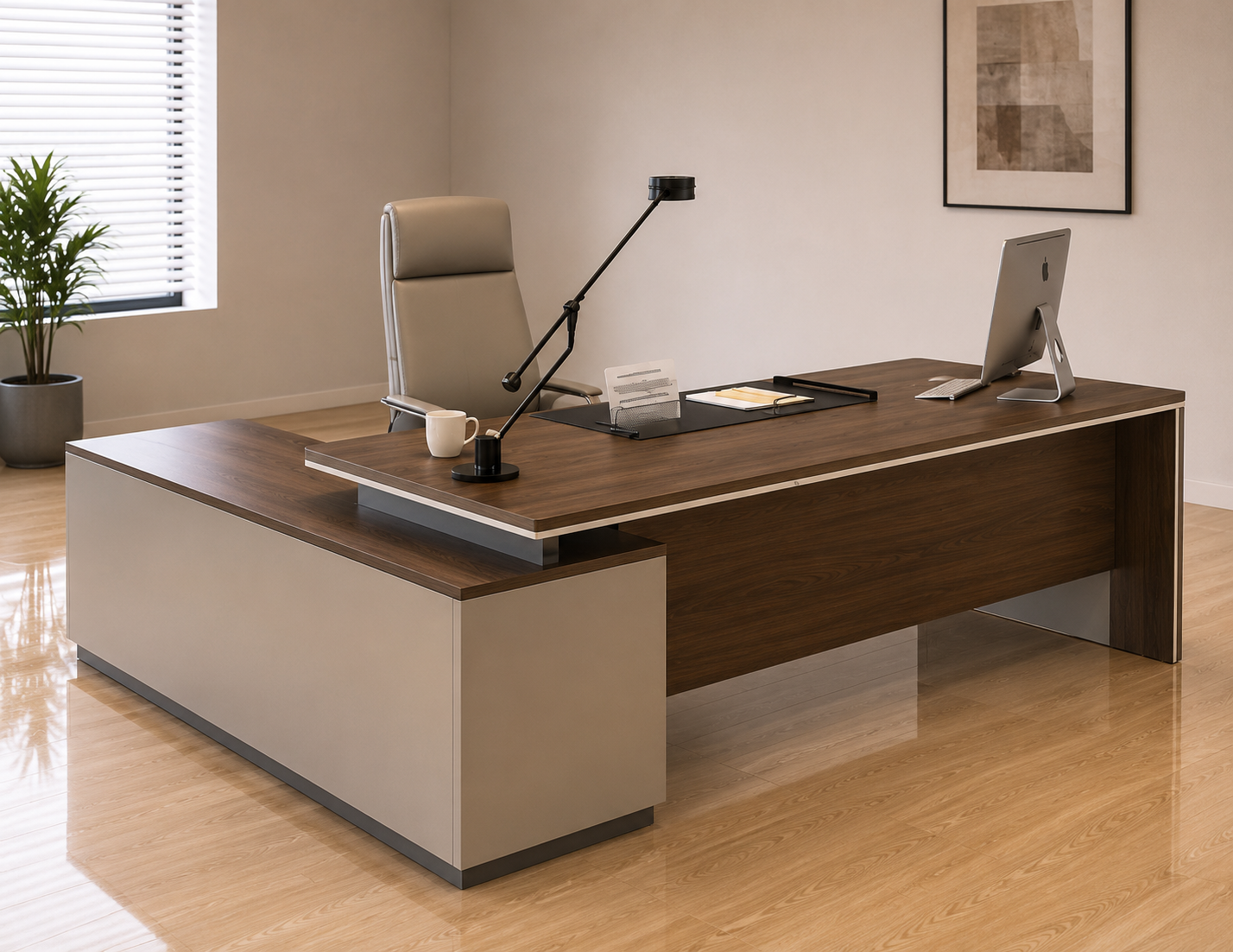 Walnut & Stone L-Shape Executive Desk