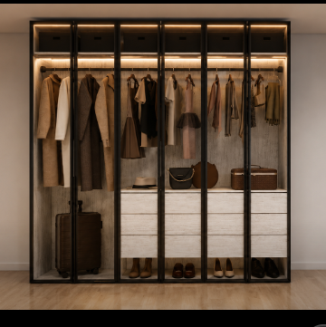 Black Frame Glass Wardrobe with Island Drawers