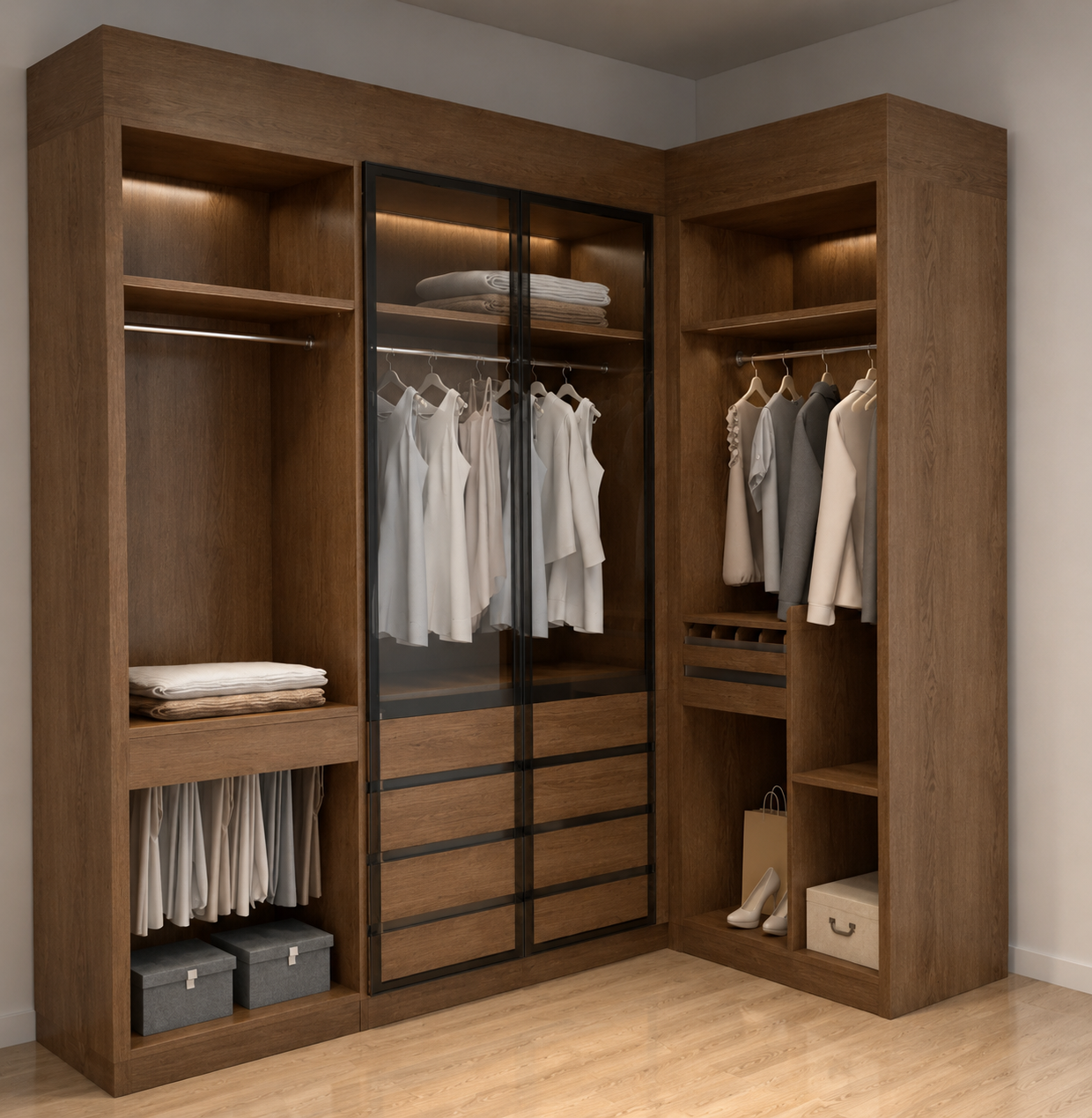 Warm Walnut L-Shape Wardrobe with Glass Center
