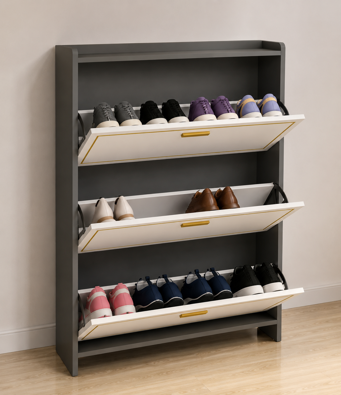 Tilt-Out Compact Shoe Rack with Brass Pulls