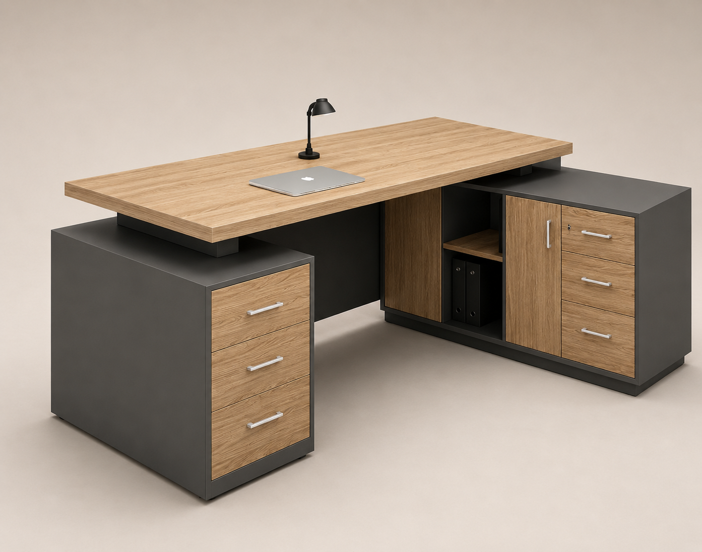 Oak & Charcoal Executive Desk with Storage