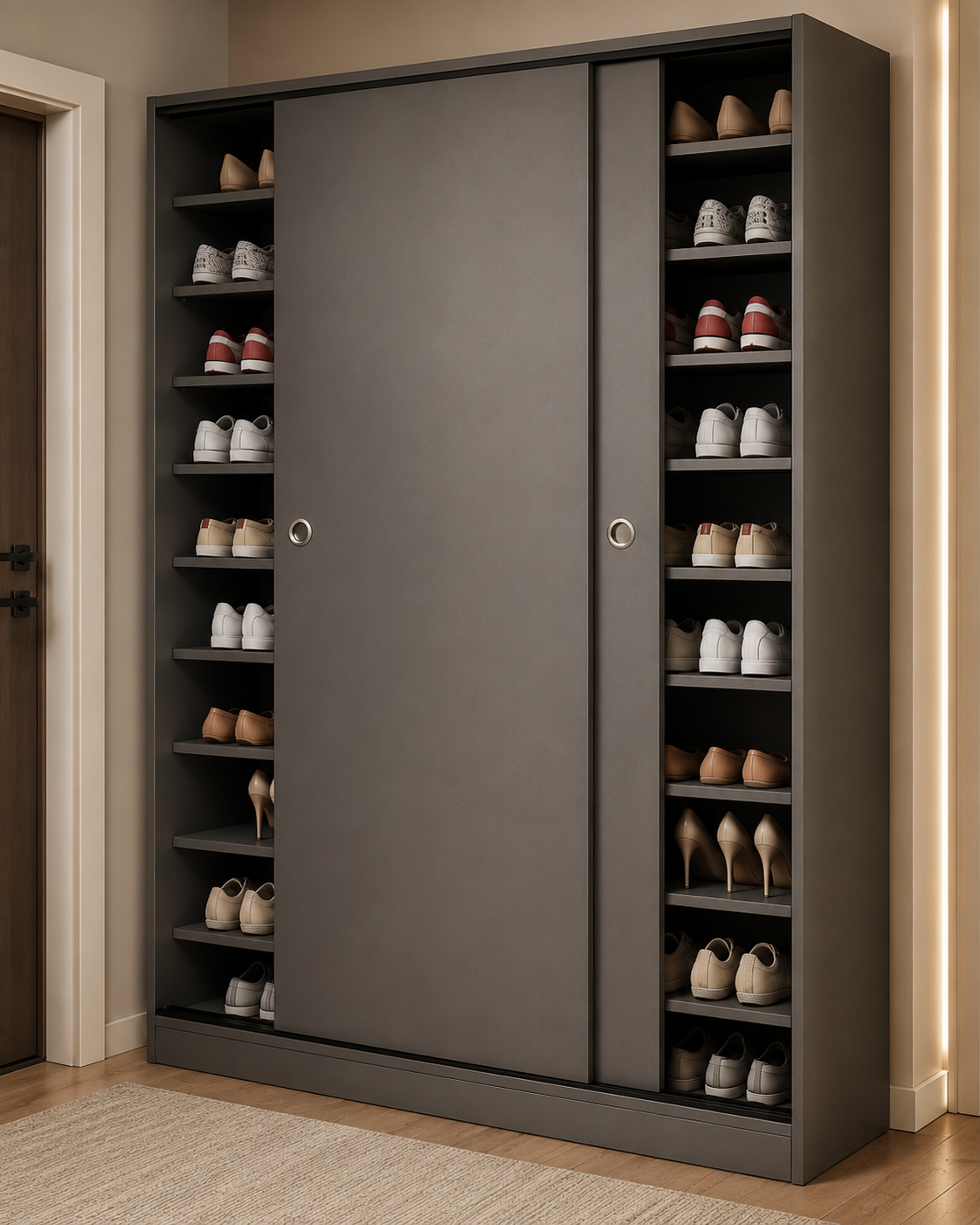 Charcoal Sliding-Door Shoe Storage Cabinet