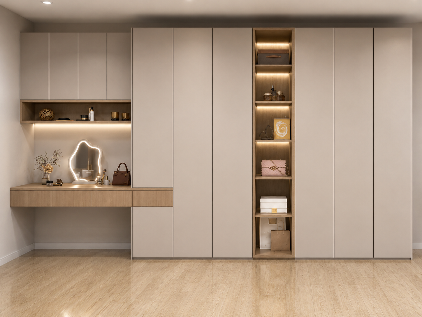 Full-Length Wardrobe with Vanity and Lit Shelves