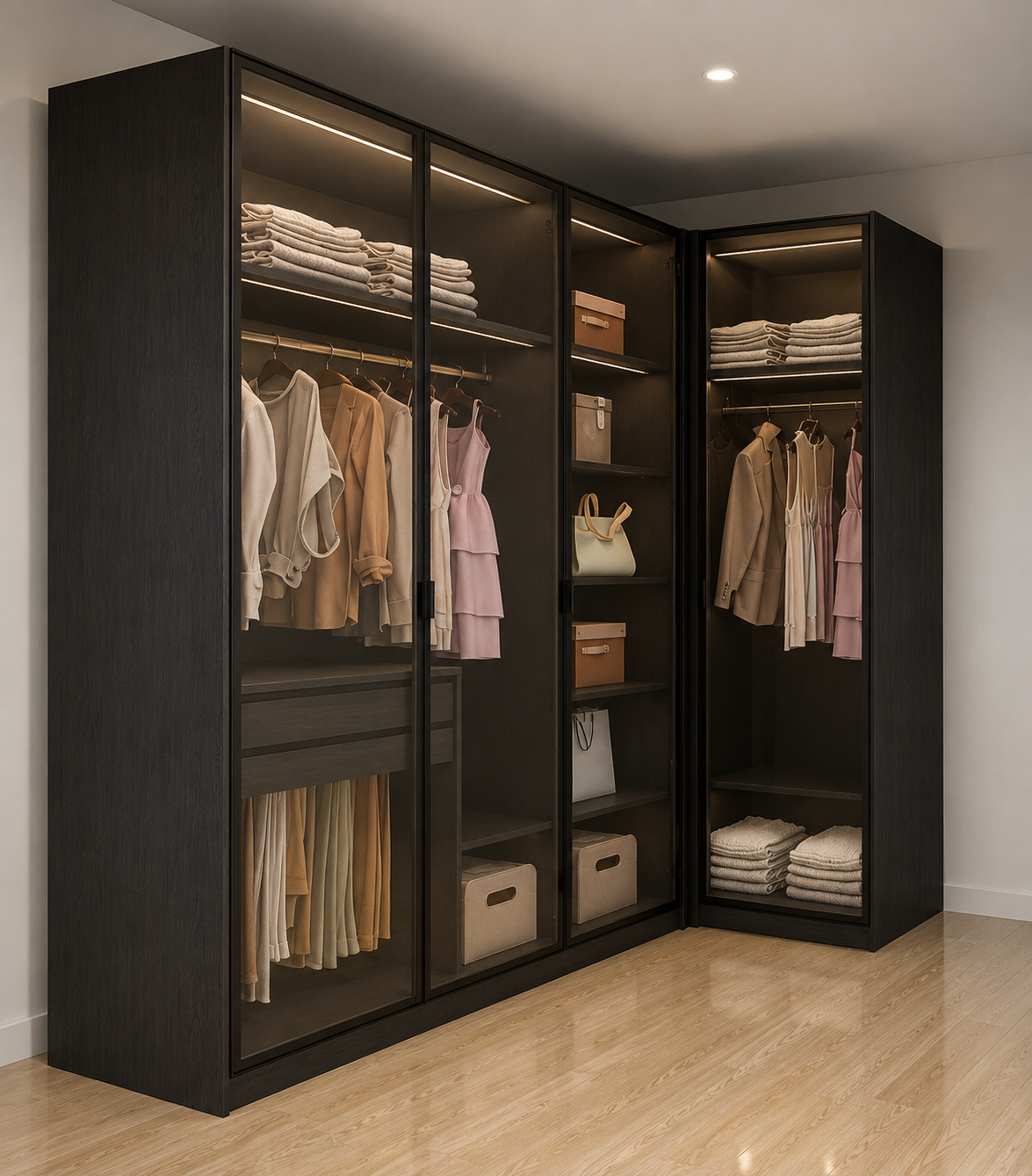 Smoked Glass Corner Wardrobe in Dark Oak