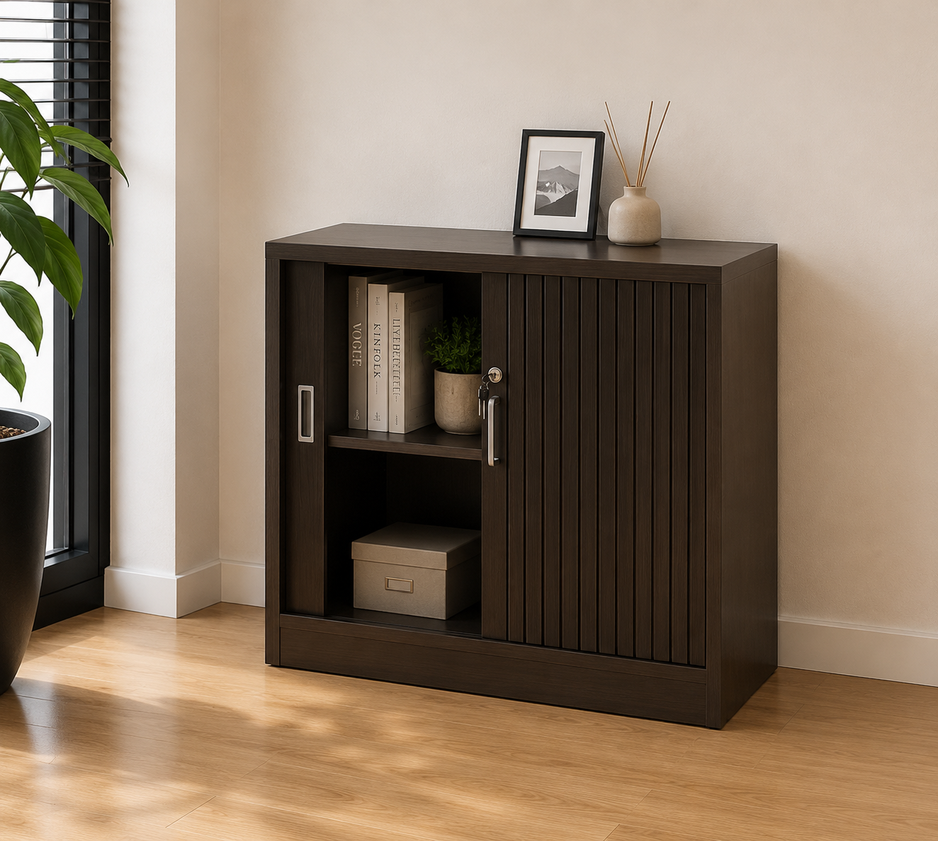 Dark Walnut Sliding-Door Office Storage Cabinet