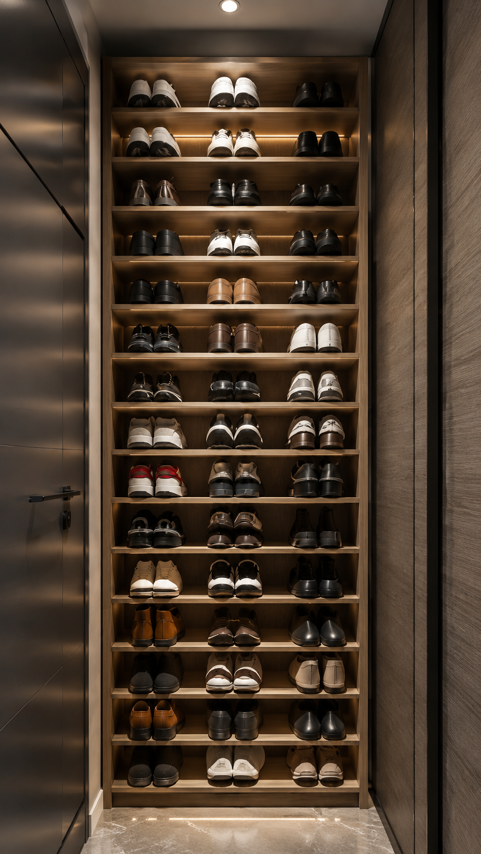 Built-In Walnut Entryway Shoe Shelving