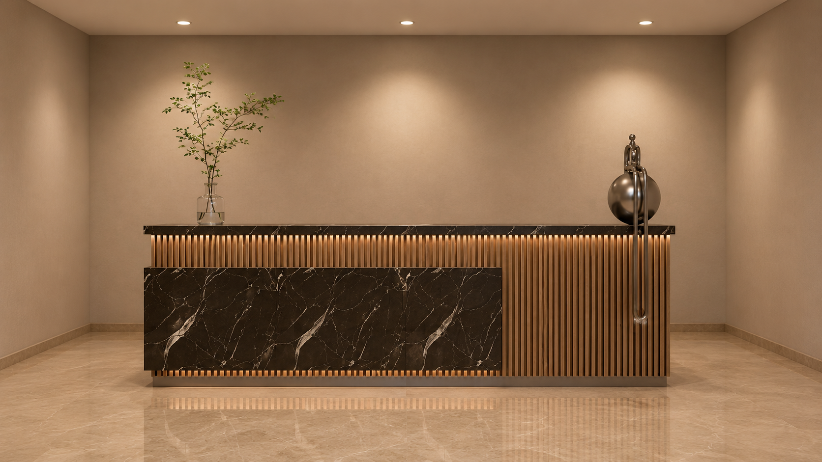 Black Marble & Walnut Fluted Reception Desk