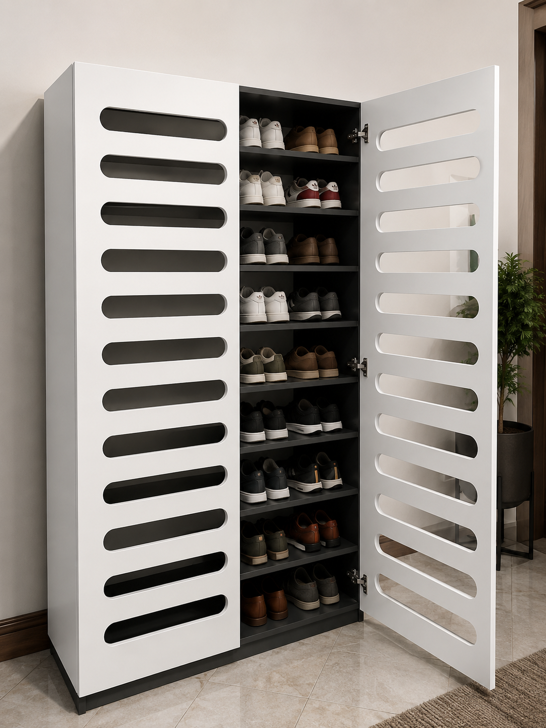 White Ventilated Shoe Cabinet with Swing Doors