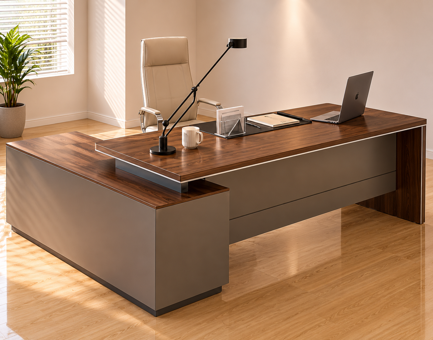 Walnut & Graphite Floating-Top Executive Desk