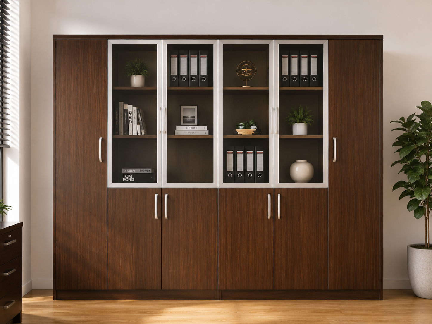 Walnut Office Storage Cabinet with Glass Center