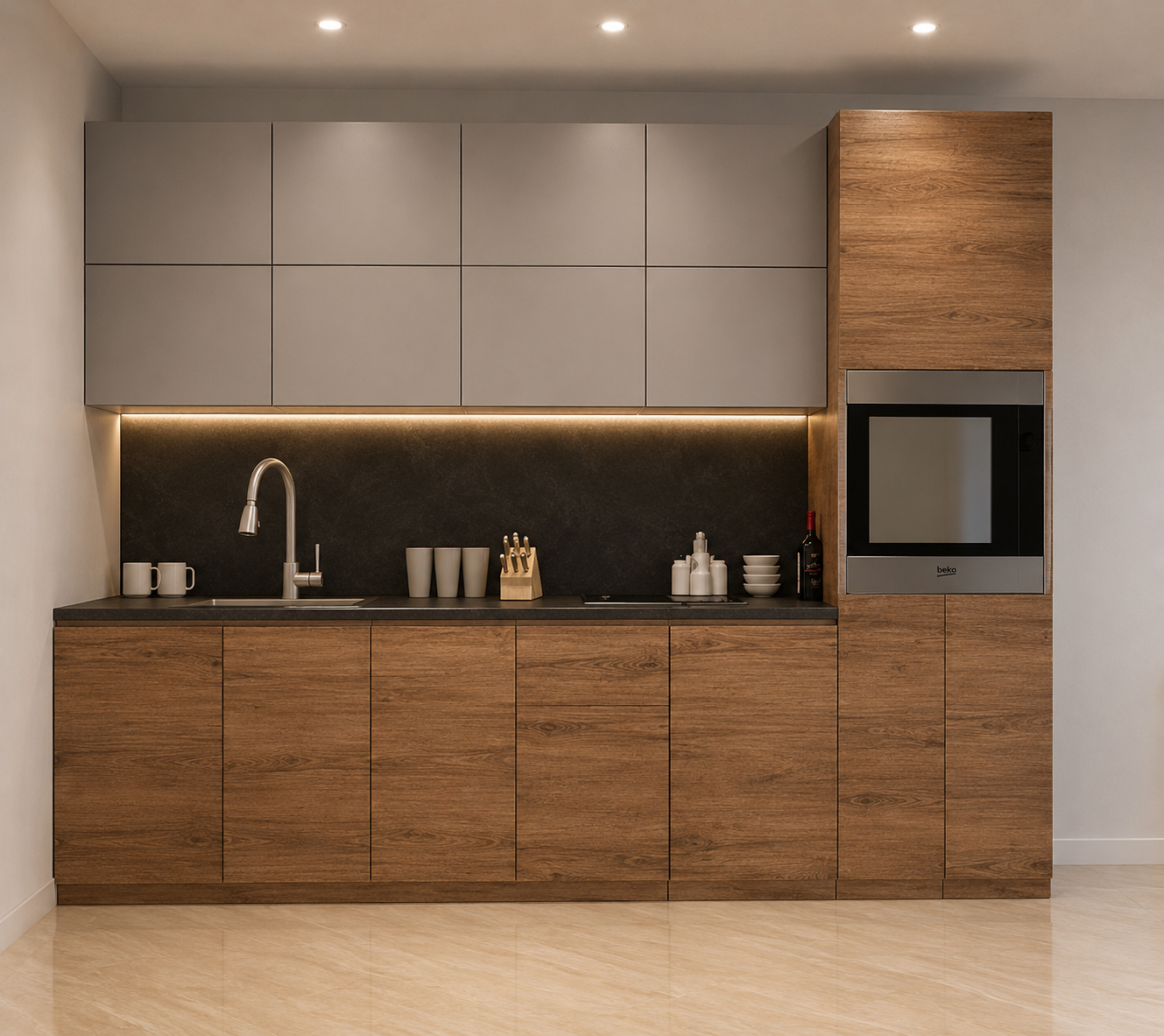 Walnut & Grey Matte Modern Kitchen